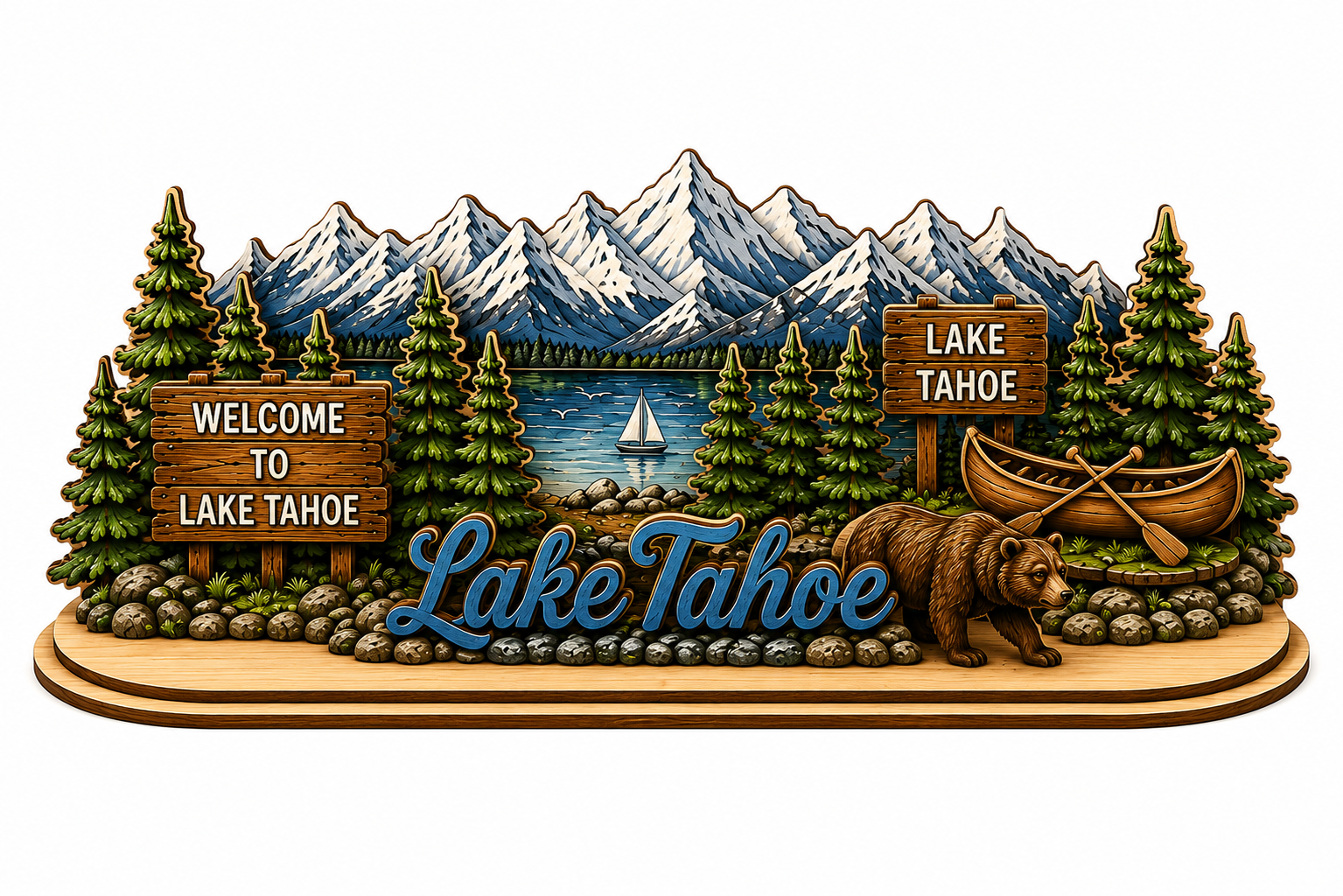 Lake Tahoe laser-cut wooden display stand — detailed view